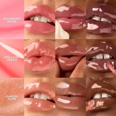 Gisou Lip Oil shades - Raspberry Swirl, Bee-llini Peach, Glazed Plum swatches