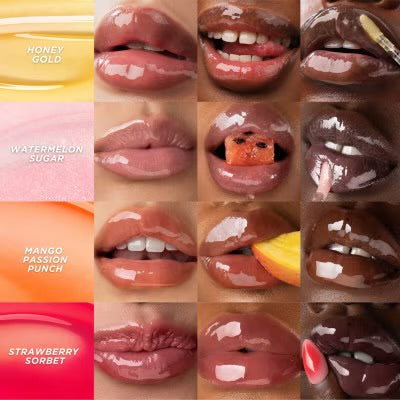 Gisou Lip Oil shades - Honey Gold, Watermelon Sugar, Mango Passion Punch, Strawberry Sorbet swatches