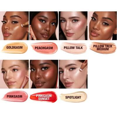 Charlotte Tilbury Beauty Light Wand - product flatlay with shade swatches