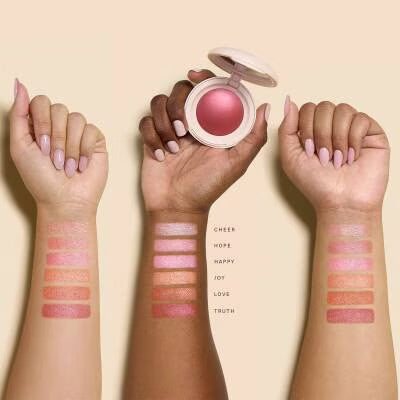 Rare Beauty Soft Pinch Luminous Powder Blush swatches on three skin tones